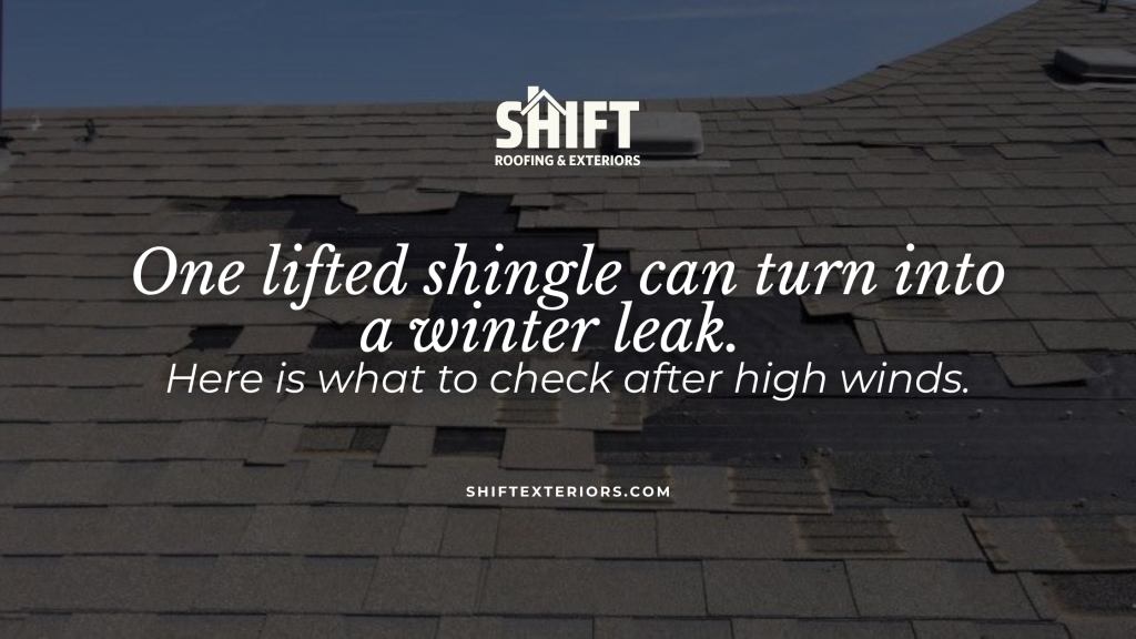 Fall windstorm roof damage Ohio shown by lifted and missing shingles on a residential roof.