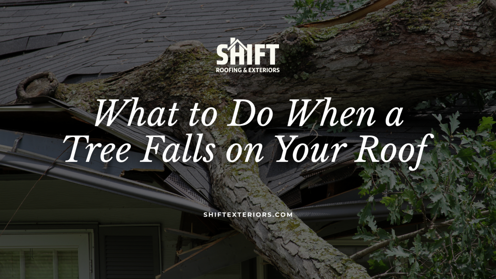 Tree falls on roof Ohio storm damage shown by a large fallen tree resting on a residential roof.